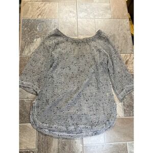 Lulu B Women's Size S Mesh Knit Open Weave 3/4 Sleeve Top Gray Black White